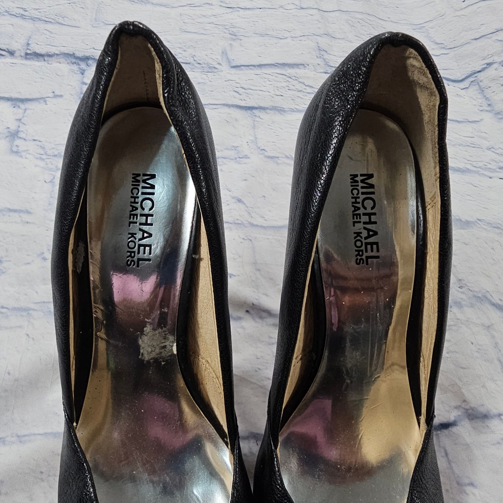 Michael Kors Platform Pumps Women 9 Black Leather Wood Heel Stiletto Round Toe - Picture 9 of 11